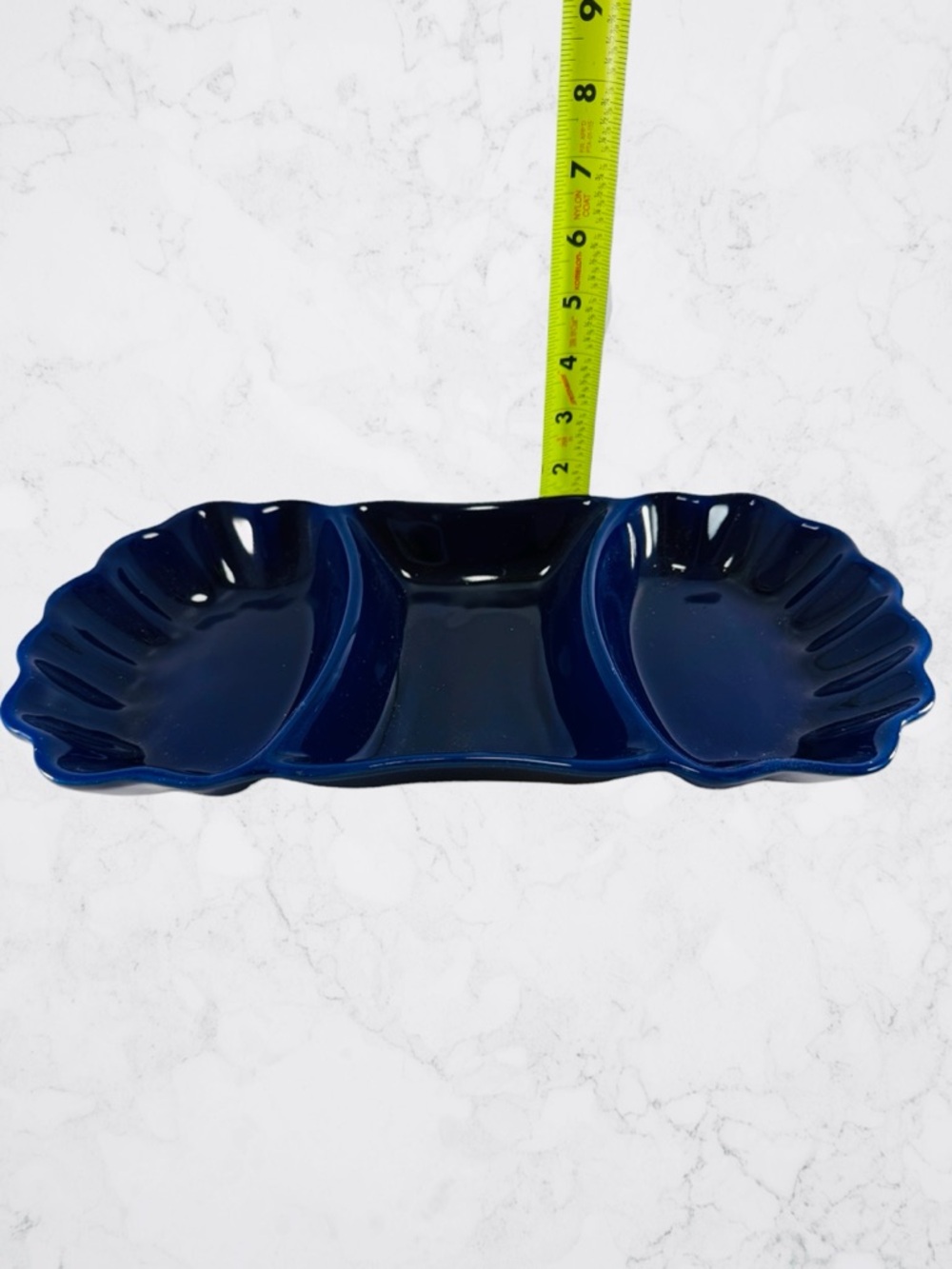 Vintage Cobalt Blue Glazed Pottery Relish Dish Serving Tray 3 Sections Vegetable - Picture 5 of 9